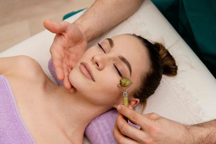 A gentle facial massage performed with a roller