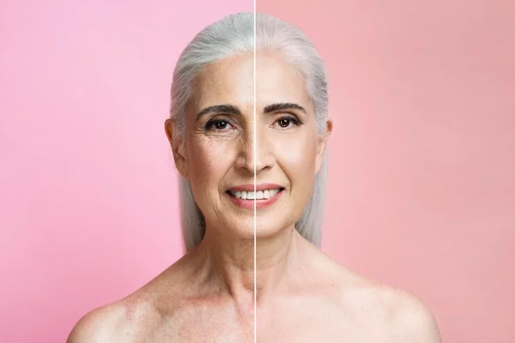 Split portrait comparing skin before and after treatment