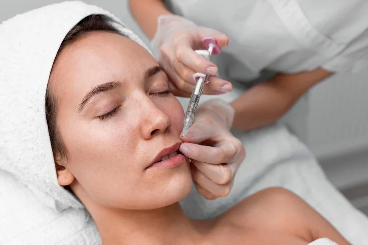 Lip filler being injected during a treatment session
