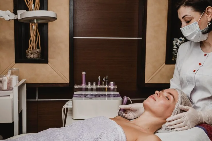 Clinician using a device-based skin treatment in the treatment room